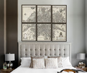 From Paris With Love: Vintage Map Split into 6 Print Gallery Wall Set - Elegant Black and White Art from Curat'd Walls