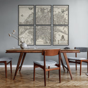 From Paris With Love: Vintage Map Split into 6 Print Gallery Wall Set - Elegant Black and White Art from Curat'd Walls