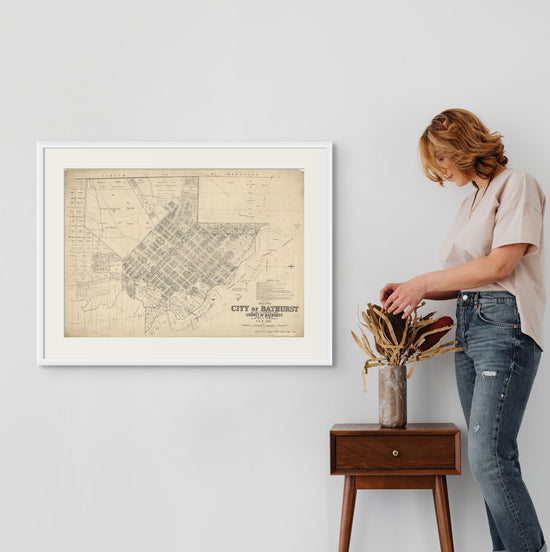 Explore Bathurst's past with our vintage map of the city from 1911 art print by Curat'd Walls, capturing the charm and history of this iconic Australian city.