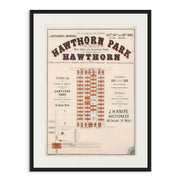 1885 print advertisement for the historic 'Hawthorn Park Estate' real estate auction, showcasing land subdivision plans black frame. Created by Curat'd Walls.