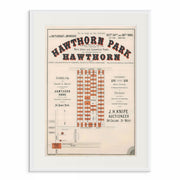 1885 print advertisement for the historic 'Hawthorn Park Estate' real estate auction, showcasing land subdivision plans white frame. Created by Curat'd Walls.